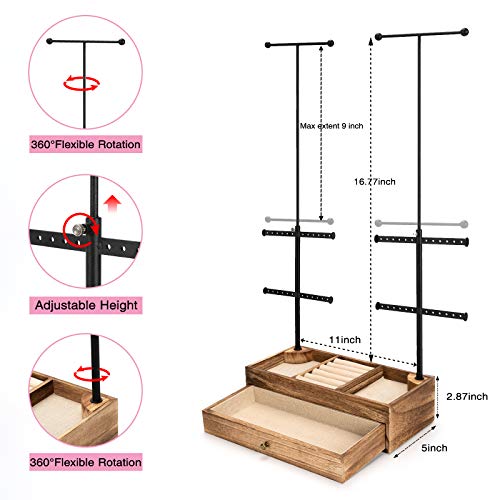 Emfogo Jewelry Organizer Stand Wood Basic Jewelry Drawer Storage Box With Double Rods & 6 Tier Jewelry Tree Stand Holder For Necklaces Bracelet Earring Ring Display(Carbonized Black) #TOP5