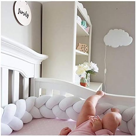 Infant Soft Pad Braided Crib Bumper Knot Pillow Cushion Cradle Decor for Baby Girl and Boy (White, 118")