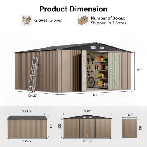 Image of Patiowell 14x12 FT Outdoor Storage Shed, Large Metal Sheds, Brown