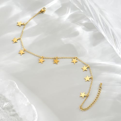 Image of 18K Gold Plated Anklets for Women Dainty Non Tarnish Ankle Bracelets Cuban Link Chain Anklets Layered Heart Beads Rhinestone Anklet Trendy Foot Jewelry