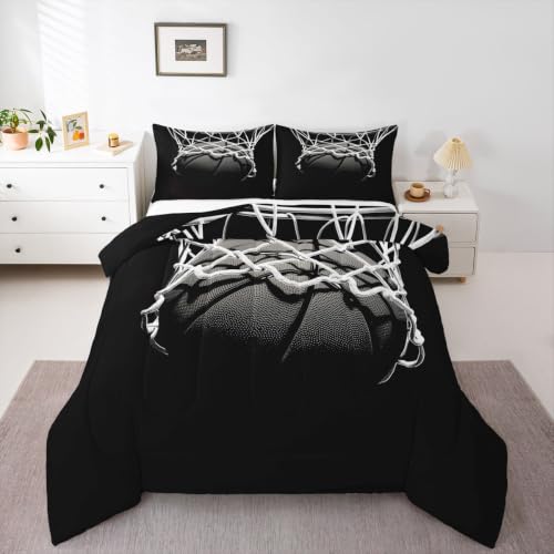 Image of Feelyou 3D Basketball Comforter Set King Size Ball Pattern Bedding Set for Kids Boys Girls Sports Theme Duvet Quilt Bedroom Decor Microfiber 3 Pcs with 2 Pillow Cases