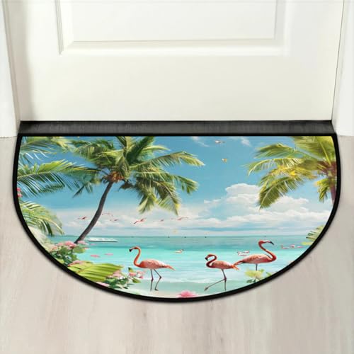 Image of Half Round Doormat Summer Flamingo Beach Flowers Non Slip Half Circle Area Rugs Indoor Washable Half Moon Rug Semi Circle Bathroom Runner Mat Entrance Floor Carpet for Kithen Bedroom Fireplace Decor