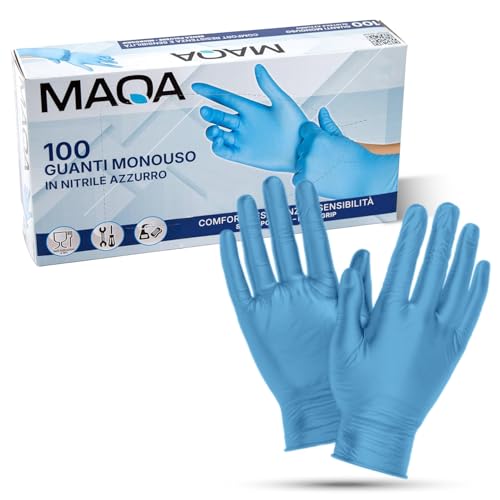 MAQA - Guanti Monouso in Nitrile Blu 100 Pezzi | Senza Lattice e Polvere | Ideali per Uso Medico, Alimentare, Pulizie, Estetica (XL)