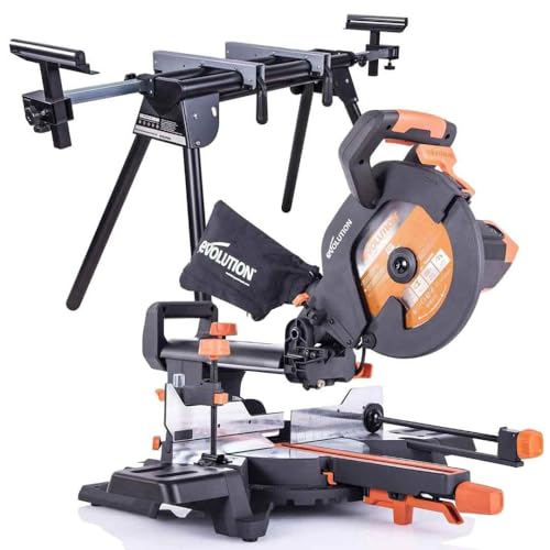 Image of Evolution Power Tools R255SMS+ Mitre Saw, Saw, Multi-Material Cutting Blade, Chop Wood Metal Plastic, 45° Bevel, 50° Mitre Angle, 300mm Slide, 2000 W, 255 mm, Sliding Compound & Stand Bundle