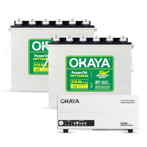 Image of Okaya Inverter with Two Batteries Combo for Home,Office & Shops|ATSW 1900 24V Pure Sine Wave Inverter 1650VA with 36 Months & OPTT24048 210Ah XBD+ Certified TT Batteries with 48 Months Warranty