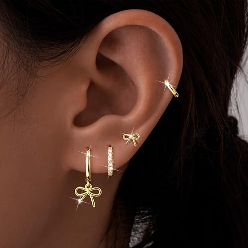 Image of Small Gold Huggie Hoop Earrings Set for Women Men Hypoallergenic 14K Plated Stack Cartilage Earrings, Sterling Silver Multiple Piercing Lightweight Mini Thin Cute Dainty Trendy Jewelry Gifts for Women
