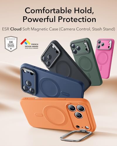 Image of ESR Silicone Case for iPhone 17 Pro, Built-in Camera Stash Stand Compatible with MagSafe, Military-Grade Drop Protection Magnetic Phone Case for iPhone 17 Pro, Cloud Series, Orange