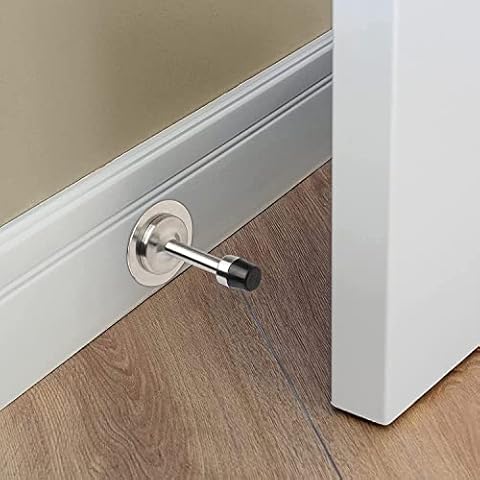 Vandicka 2 Pack Stainless Steel Door Stops Wall Mounted & Fittings, Self-Adhesive Door Stopper with Rubber Buffer, Screw Fixing or Stick on Wall or Skirtings, Projection 78mm, Silver Cover