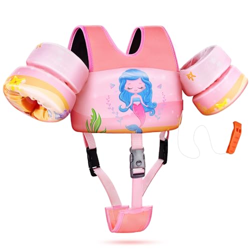 JONRRYIN Chaleco Flotante Natación para Niños, Manguitos de Natación para Niños, Chaleco de Natación para Niños y Niñas con Brazalete Correa y Ajustable Hebilla para Piscina Playa (22-70lbs Sirena)