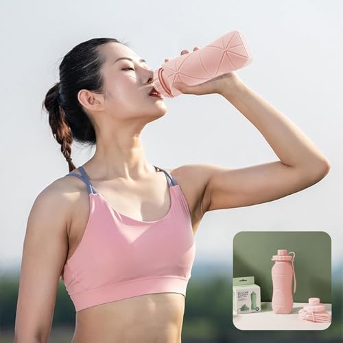 Image of Silicone Folding Water Bottle 600ML for Travel, Gym, Office, School - Food Grade, Leakproof, Lightweight & Reusable | Portable Collapsible Bottle for Men & Women (Pink)