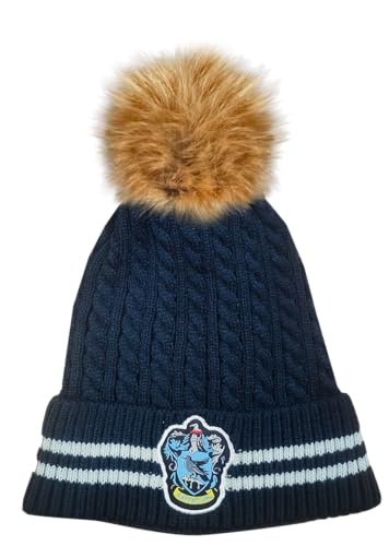 Licensed Unisex Harry Potter Ravenclaw Cable Knit ski hat Beanie with Detachable Pom Pom, Suitable for Adults and Teens. Navy