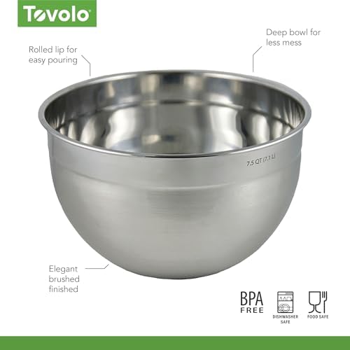 Tovolo XL Mixing Bowl Stainless Steel 7 Quart Extra Large Metal Mixing Bowls, Dishwasher Safe Big Deep Metal Bowl for Baking and Cooking Prep with Easy Pour Lip, Bowl for Salad Mixing Bread Kneading - Thumbnail 2