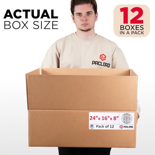 Image of Large Cardboard Boxes 24 inchL x 16 inchW x 8 inchH (Pack of 12) - USA-Made Packing Boxes for Moving, Shipping, or Storage - USPS, UPS, FedEx Approved - Professional Packing Supplies for Moving | USA-Made Packing Boxes for Moving, Shipping, or Storage - USPS, UPS, FedEx Approved - Professional Packing Supplies