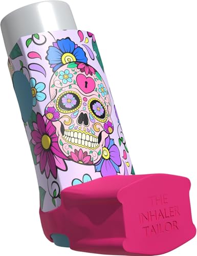 The Inhaler Tailor Inhaler Holder - for Ventolin & Shorter Style Inhaler - Vegan Leather - Adults & Kids Asthma Inhaler Case with Eyelet for Keychain/Lanyard - Handmade (Shorter, Day of The Dead)