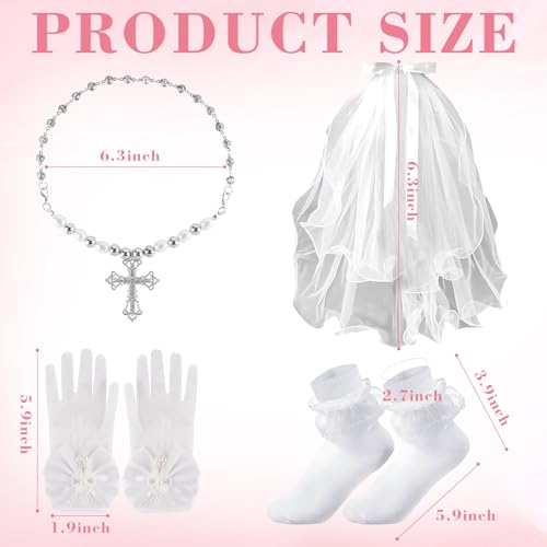 4 Pcs First Communion Veils Set 1st Communion Holy Veil with Hair Comb Gloves Sock Rosary Necklace First Communion Veil Wedding Hair Accessories for Kids Children2