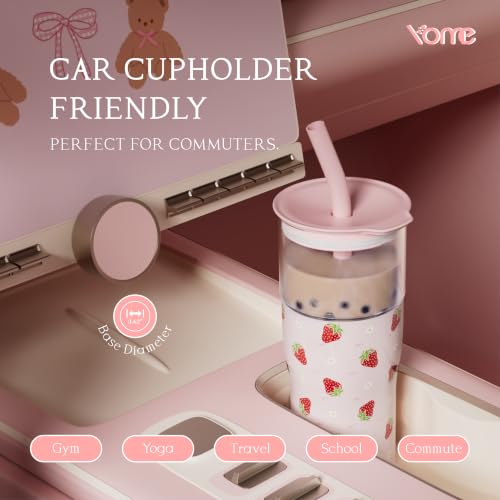 Image of YOME 20oz Strawberry Pink Insulated Glass Tumbler with Lid & Straw for Women Gift | Stainless Steel Iced Coffee Cup | Keep Drinks Cold |Cupholder Friendly |Ideal for Iced Coffee, Smoothies & Boba