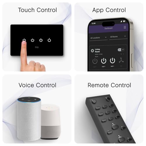 Image of IOTICS Smart Wifi Switch Board: 4 Switch with 1 x High Load (AC /Geyser) switch. Touch, Remote, App Control. Voice Compatible with Alexa & Assistant. Smart Touch Switch For Home Automation (Black)