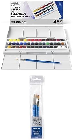 W&N Watercolour Set, Cotman Studio Set 46 pcs + Cotman Watercolour Short Handle Brush Set of 4
