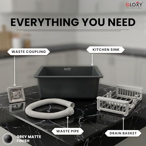 Image of Gloxy Premium Granite Quartz Kitchen Sink 16 inch x 18 inch x 9 inch - Grey Matte Finish Quartz Sink with Coupling Pipe and Drain Basket - Single Bowl Sink Undermount /Topmount Installation - 3 Years Warranty