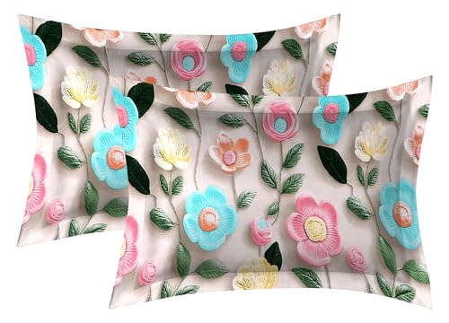 Image of DECORUM 300TC Glace Cotton Elastic Fitted King Size Bedsheet (72''X78'') with 2 Pillow Covers | Soft & Comfortable Cotton Feel | Fits Upto 8'' Mattress | Pastel Bloom Garden