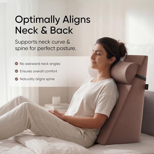 Image of Frido Wedge Plus Cushion with Neck Rest Pillow Combo | Dual Foam Wedge Cushion with Adjustable Roll | Back, Neck, Knee & Leg Support | for Post-Surgery, Pregnancy | Washable Covers, Light Caramel
