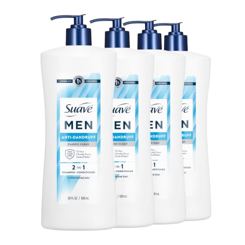 Suave Men 2 in 1 Anti-Dandruff Shampoo & Conditioner, Classic Clean, 1% Pyrithione Zinc, Clinically Proven Relief for Itchy, Dry Scalp & 72HR Flake Control, 4 Count, 112 FL OZ