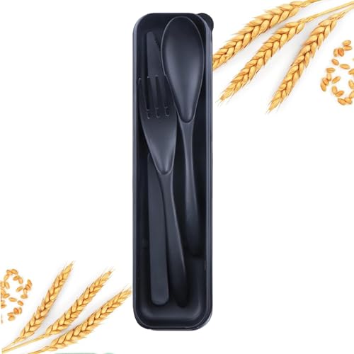 Reusable Travel Utensils Set with Case, Portable Wheat Straw Cutlery Set, BPA-Free and Eco-friendly Knife Spoon Fork, Travel Utensils for Office, Dorm, and On-the-go (black, 1)