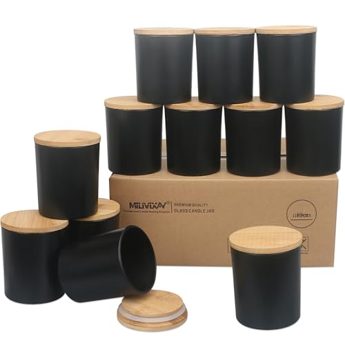 MILIVIXAY Paquete de 12 tarros de cristal grueso negro mate de 10 onzas con tapas, tarro vacío a granel para hacer velas, recipientes de especias y polvo.