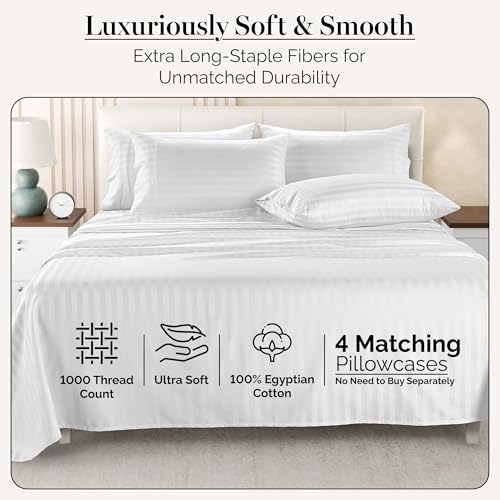 Casa Platino 100% Egyptian Cotton Sheets Queen Size Set - 6 Pieces - Damask Stripe- Ultra Smooth Sateen Weave Bed Sheets, 15" Deep Pockets - Pure White Sheet Set