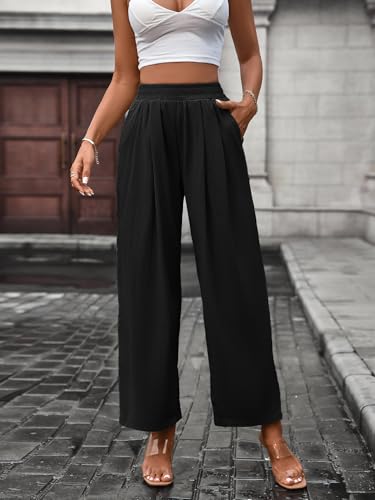 Womens Pleated Wide Leg Pants Elastic High Waist Stretch Casual Trousers with Pockets