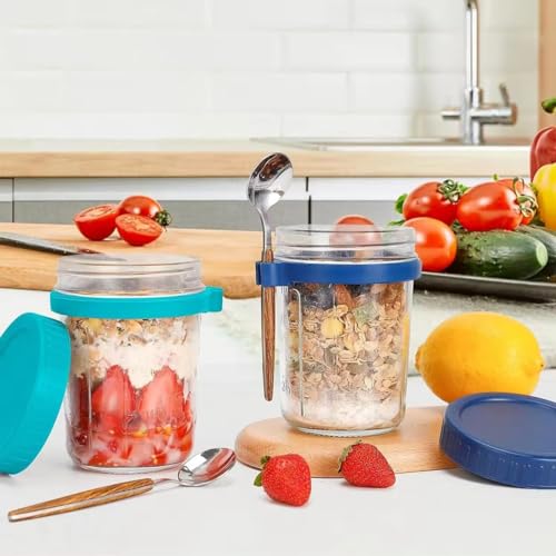 Image of Mason Jar with Lid and Spoon | Coco | Mason Jar with Plastic Lid Mugs for Juice | Beverages | Moctail | Shakes | Drinks | Overnight Oats Mug (Rendom Color 350 ML, Set of 1)