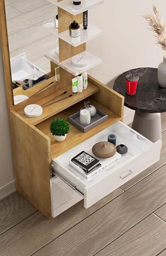 Image of Bniture Engineered Wood Dressing Table Mirror with 1-Drawer, Bangle Holder & Hooks | Vanity Mirror with Shelf (Giant Wood & Frosty White)
