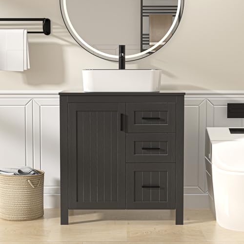 UEV 30' Bathroom Vanity with Sink Combo,Modern Freestanding Sink Cabinet with 3 Drawers,Stylish Bathroom Vanity Cabinet,Grooved Door,Metal Handles,Vessel Sink (Modern Rectangle X, 30''Black)