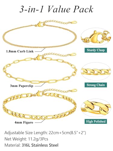 Image of FaithHeart Waterproof Ankle Bracelets for Women, 1 /2 /3Pcs Non Tarnish Stainless Steel Layered Anklet Set Paperclip Figaro Cuban Link Chain Dainty Summer Beach Jewelry Gift Adjustable Size
