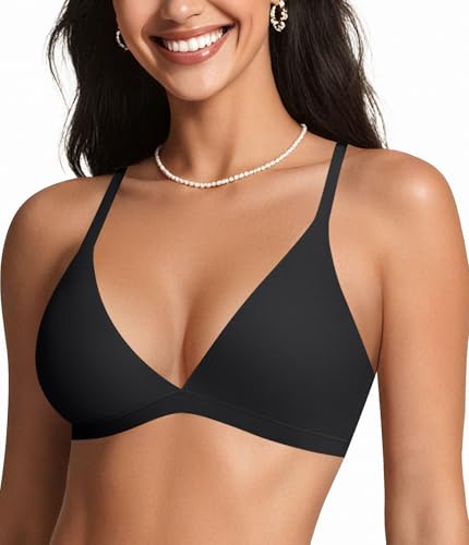 OEAK Womens Comfortable Triangle Bras No Underwire Sexy Plunge Unlined Bralette Pull On Bra Seamless Everyday Tshirt Bras Black,S