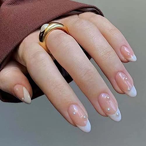 Misud Medium Press On Nails White Pearl Fake Nails Stiletto Glossy False Nails French Tip Glue On Nails Almond Acrylic Nails For Women And Girls 24Pcs #TOP27