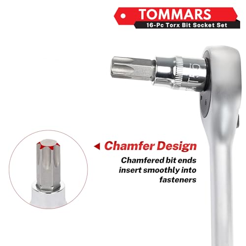 Image of TOMMARS 16-Piece 3 /8 inch Drive Conventional Torx Socket Set | T10, T15, T20, T25, T30, T40, T50, and T55, Long Torx Bit Socket Set ,S2 Alloy Steel