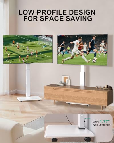 Image of WALI Rolling TV Stand with Power Outlet, Mobile Tall TV Stand Mount on Wheels for 39-75 inch TV up to 110 lbs, Swivel Height Adjustable TV Cart with Wood Base for Bedroom(TVDVD-7PRW), White