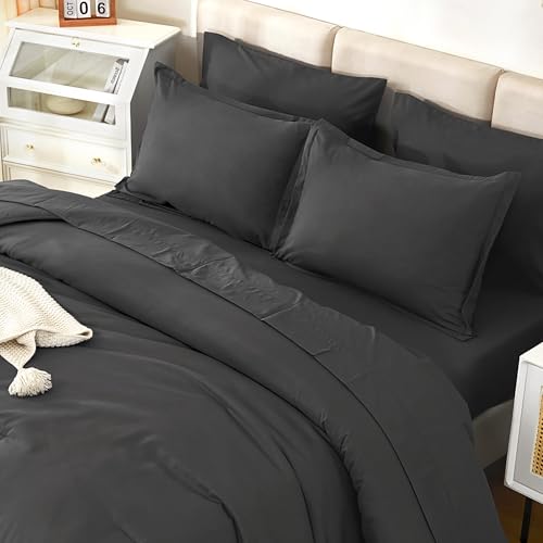 Litanika Comforter California King Size Set Dark Grey - 7 Pieces Bed in a Bag California King Bedding Comforter Sets, Plain Lightweight Bed Set with Comforter, Sheets, Pillowcases & Shams