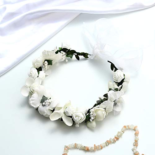 Edary Flower Crown Wedding Floral Hair Garland with Adjustable Ribbon Seaside Flower Hair Wreath Hair Accessories for Women and Girls（1PC） (White)