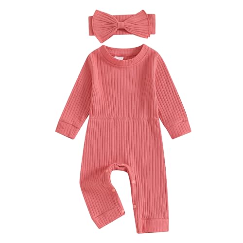 Image of Covvoliy Newborn Baby Girl Fall Outfits Long Sleeve Ribbed Romper Jumpsuit with Headband Set Infant Girl Clothes