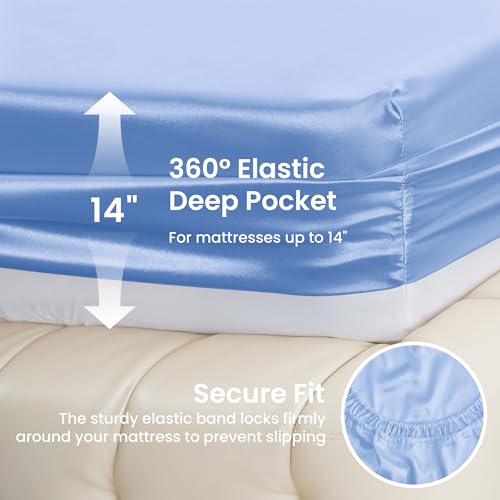 Image of Love's cabin Satin King Sheet Sets - 4 Piece Sky Blue Silky Sheets King Size Bed with Deep Pocket, Luxury Silk Feel King Size Satin Sheet Set (1 Flat Sheet,1 Fitted Sheet,2 Pillow Cases)