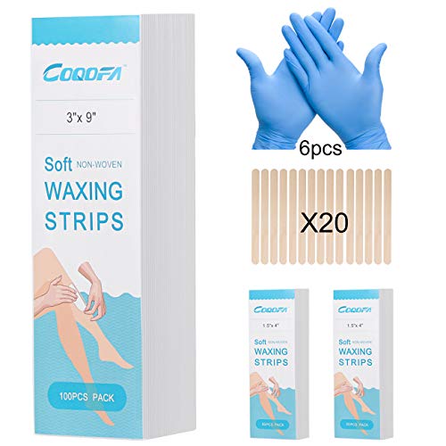 COQOFA Hair Removal Waxing Strips 200 Pcs Body and Facial Eyebrow Disposable Epilating Non-woven Wax Strips Large Small Each 100 Depilatory Soft with 20 Smooth Sticks and 6 Gloves Set