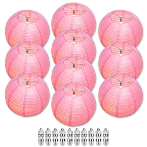 Image of Pink Chinese Paper Lanterns with LED Lights, 10-Pack 12inch | Hanging Lights for Wedding & Bridal Shower, Birthday Party Decorations, Ceiling Decor, Home Party, Baby Shower