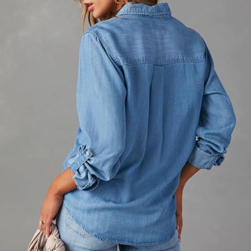 Denim Shirt Women Western Shirts Button Down Chambray Shirt Casual Long Sleeve Jean Jacket Denim Top Blouse for Women3
