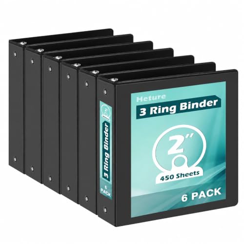 Heture 3 Ring Binder 2 Inch 6 Pack,2" Clear View with Round Rings, PVC-Free,Holds for 450 Sheets 8.5X 11 US Letter Size Paper, Durable Black Binders Perfect for Office,School and Home