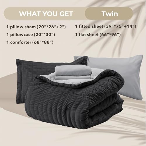 Image of HYMOKEGE Black /Light Grey Twin Comforter Set Seersucker 5 Pieces, All Season Luxury Bed in a Bag for Bedroom, Bedding Set with Comforter, Sheets, Pillowcase & Sham