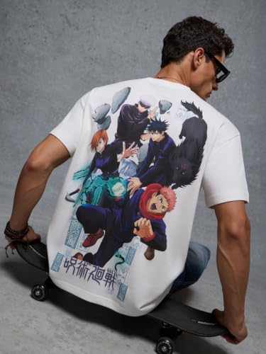 Image of The Souled Store Jujutsu Kaisen: Satoru Gojo Men and Boys Short Sleeves Round Neck Purple Graphic Printed Cotton Oversized Drop Shoulder Anime Streetwear Casual T-Shirts
