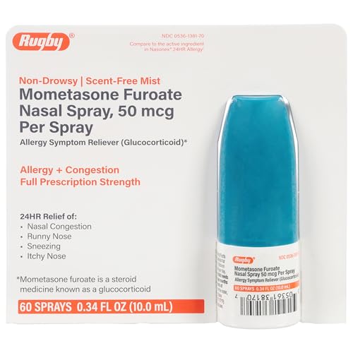Rugby Mometasone Furoate Nasal Spray 50 mcg Per Spray - 24-Hour Allergy Symptom and Congestion Reliever - Non-Drowsy Glucocorticoid Nose Spray - Scent-Free Mist - 60 Sprays - 0.34 Fl. Oz.