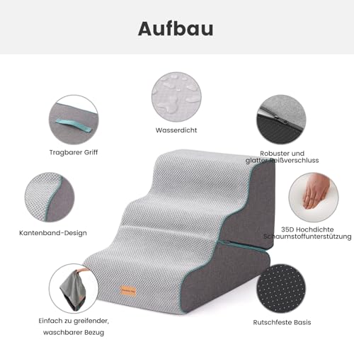 Gardner Pet Hundetreppe für kleine Hunde 35/42cm, Haustiertreppe Hundetreppe 3 Stufen, Hunderampe aus hochdichtem Schaumstoff mit rutschfestem wasserdichtem Stoffbezug für Bett, Sofa, Couch